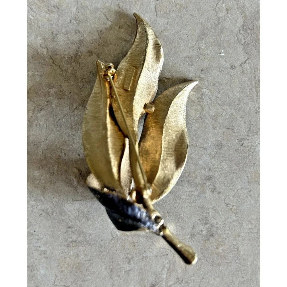 Vintage MCM 1950's Kramer of NY Blue Leaf Brooch w/ Brushed Silver Tone Base